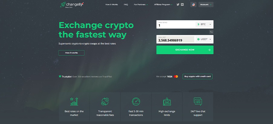 A screenshot of Changelly's homepage
