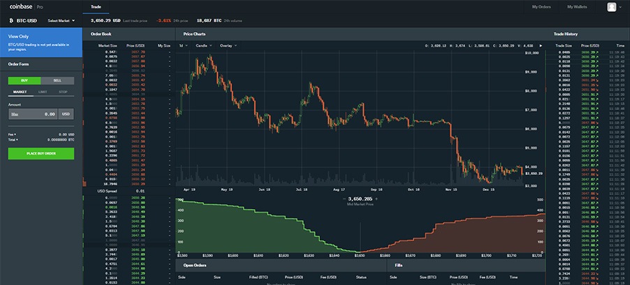 A screenshot of Coinbase's trading interface